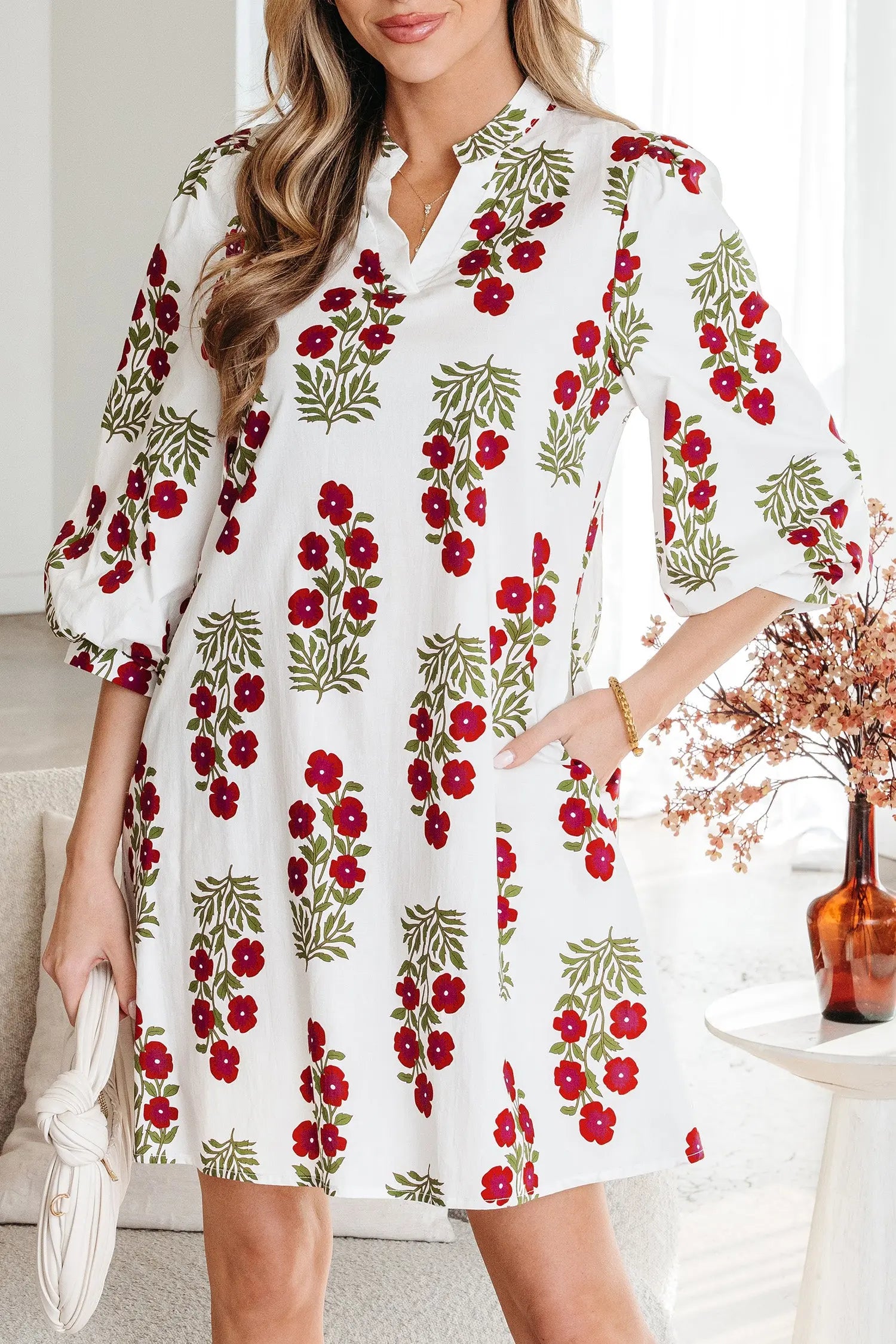 White Floral Print V Neck Three Quarter Sleeve Loose Mini Dress Dear-Lover Dropshipping