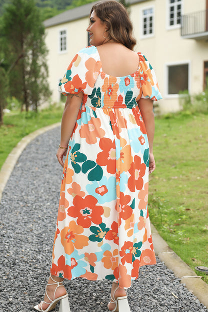 Charming orange floral print plus size maxi dress with shirred detailing