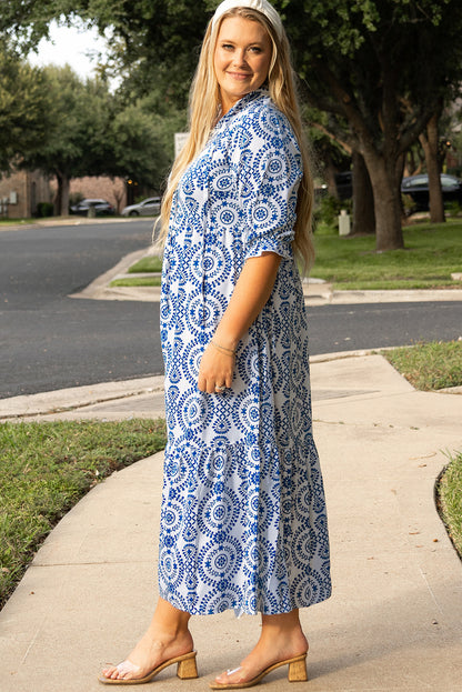 Sky blue geometric lace-up maxi dress with notch neck for plus sizes