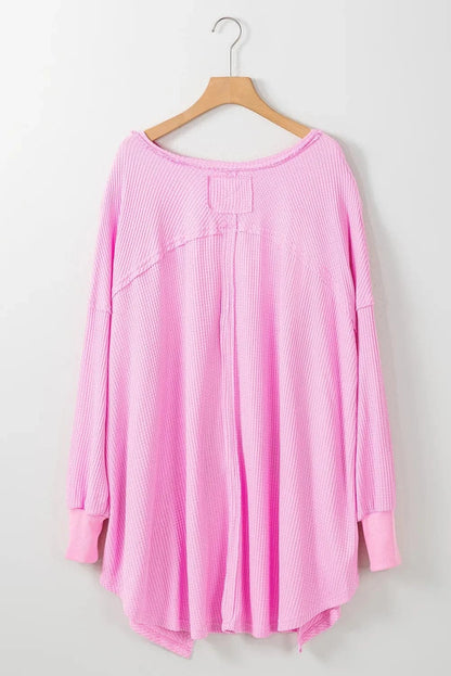 Waffle-Knit V-Neck Long Sleeve Blouse.