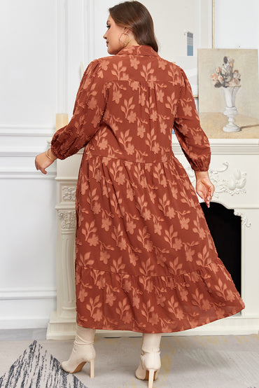 Premium Cinnamon Plus Size Textured 3D Flower Dress Ruffle Hem Long