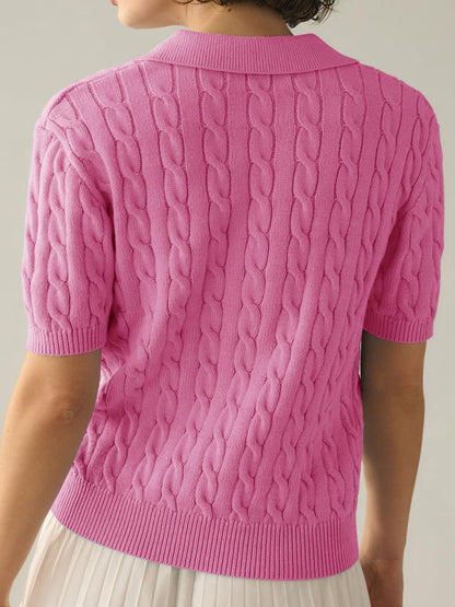 Cable-Knit Collared Neck Half Sleeve Sweater.