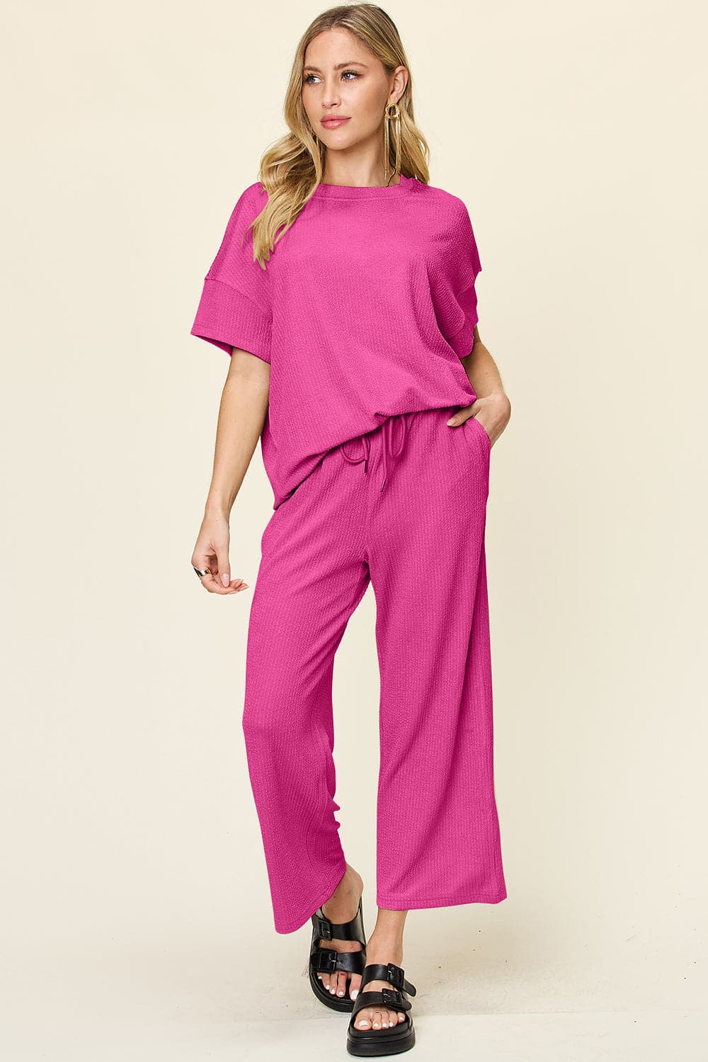 Double Take Full Size Texture Round Neck Short Sleeve T-Shirt and Wide Leg Pants.