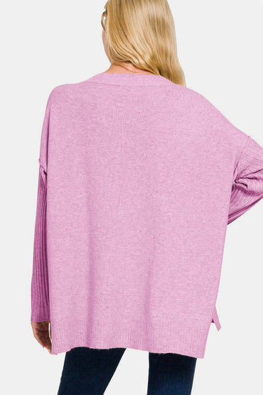 Chic V-neck high-low sweater with side slits