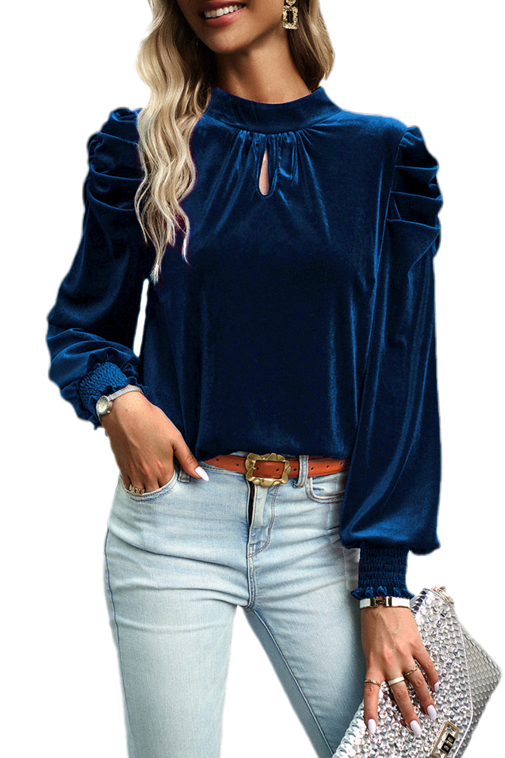 Elegant sky blue velvet blouse with mock neck and puff sleeves