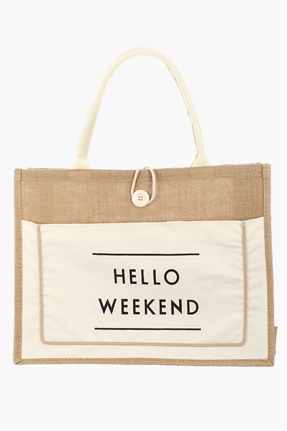 Fame Hello Weekend Burlap Tote Bag.