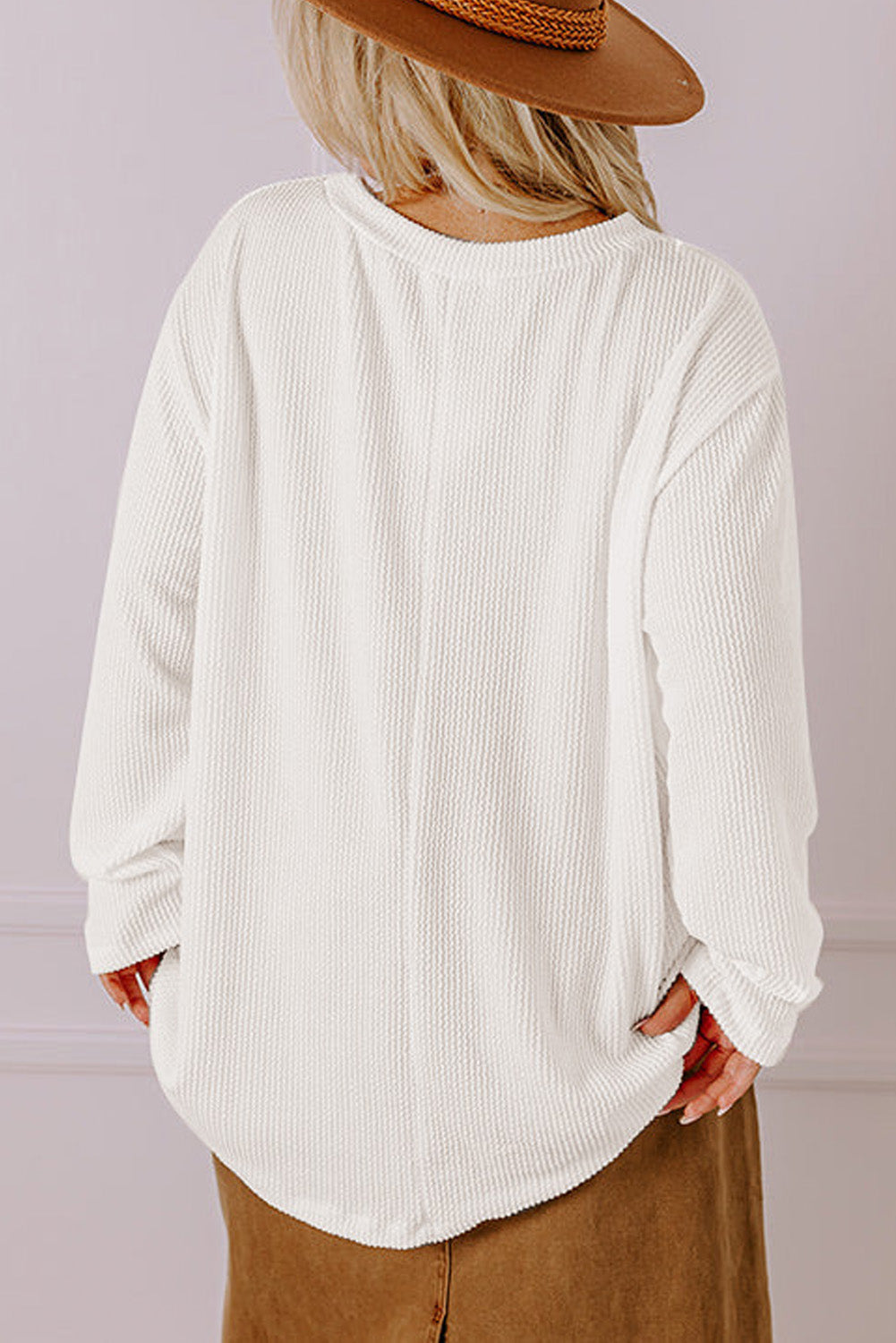 Chic white ribbed long sleeve plus size t-shirt with pocket detail