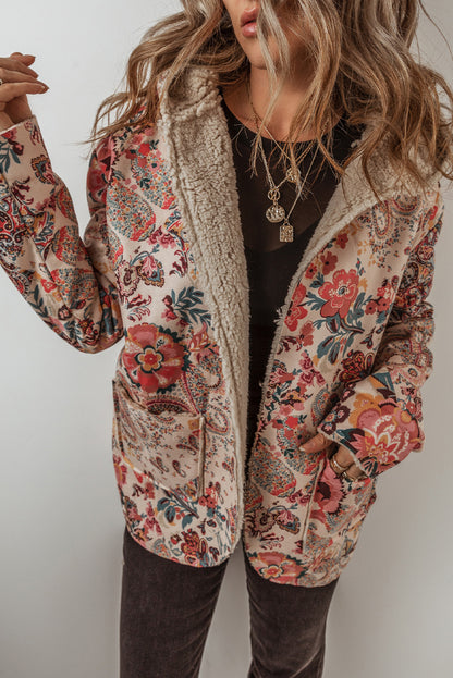 Beige floral paisley hooded Sherpa jacket for a vintage vibe