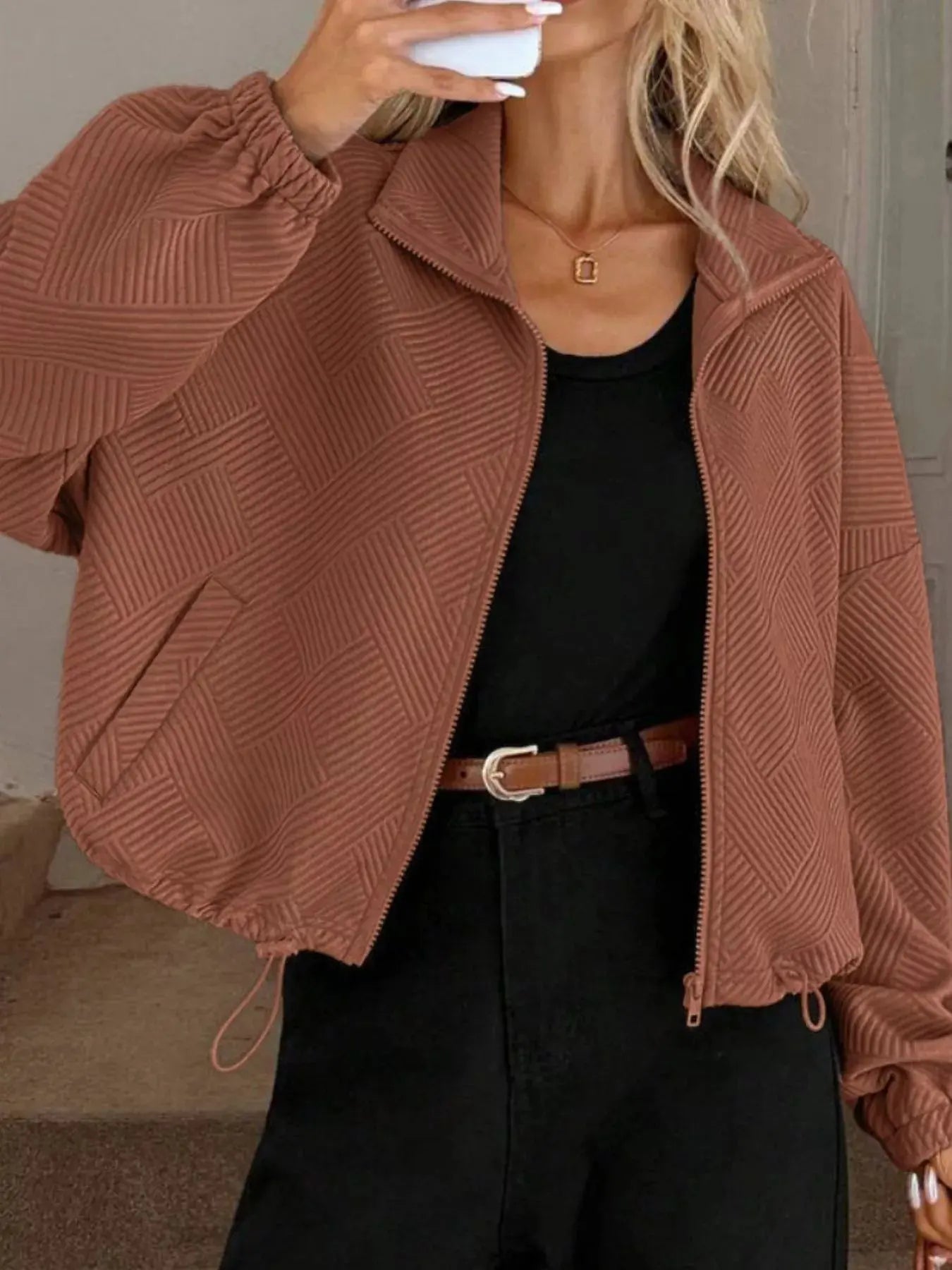Textured Zip-Up Drawstring Hem Jacket Simply Love