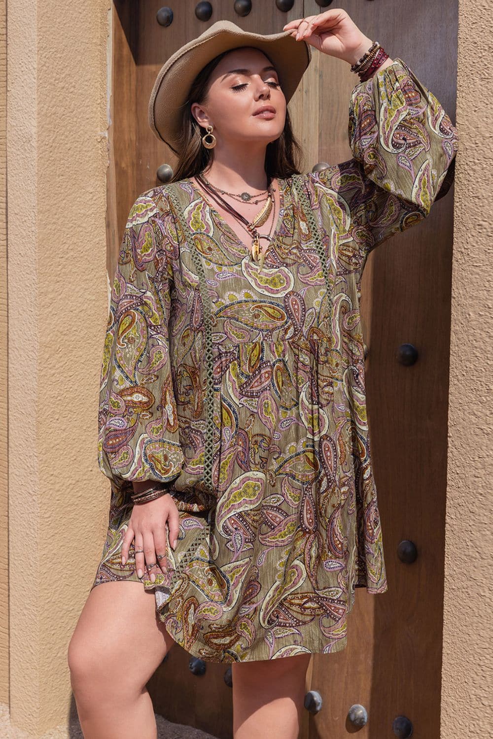 Plus Size Printed V-Neck Long Sleeve Midi Dress.