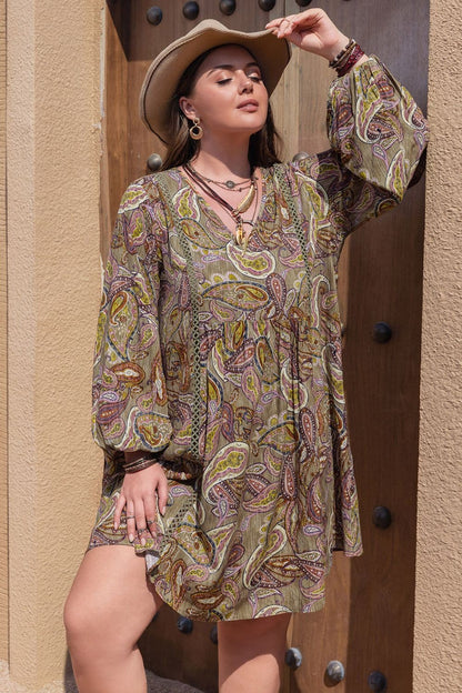 Plus Size Printed V-Neck Long Sleeve Midi Dress.