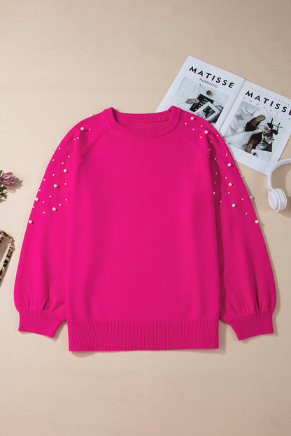 Chic strawberry pink plus size sweater with pearl accents and raglan sleeves