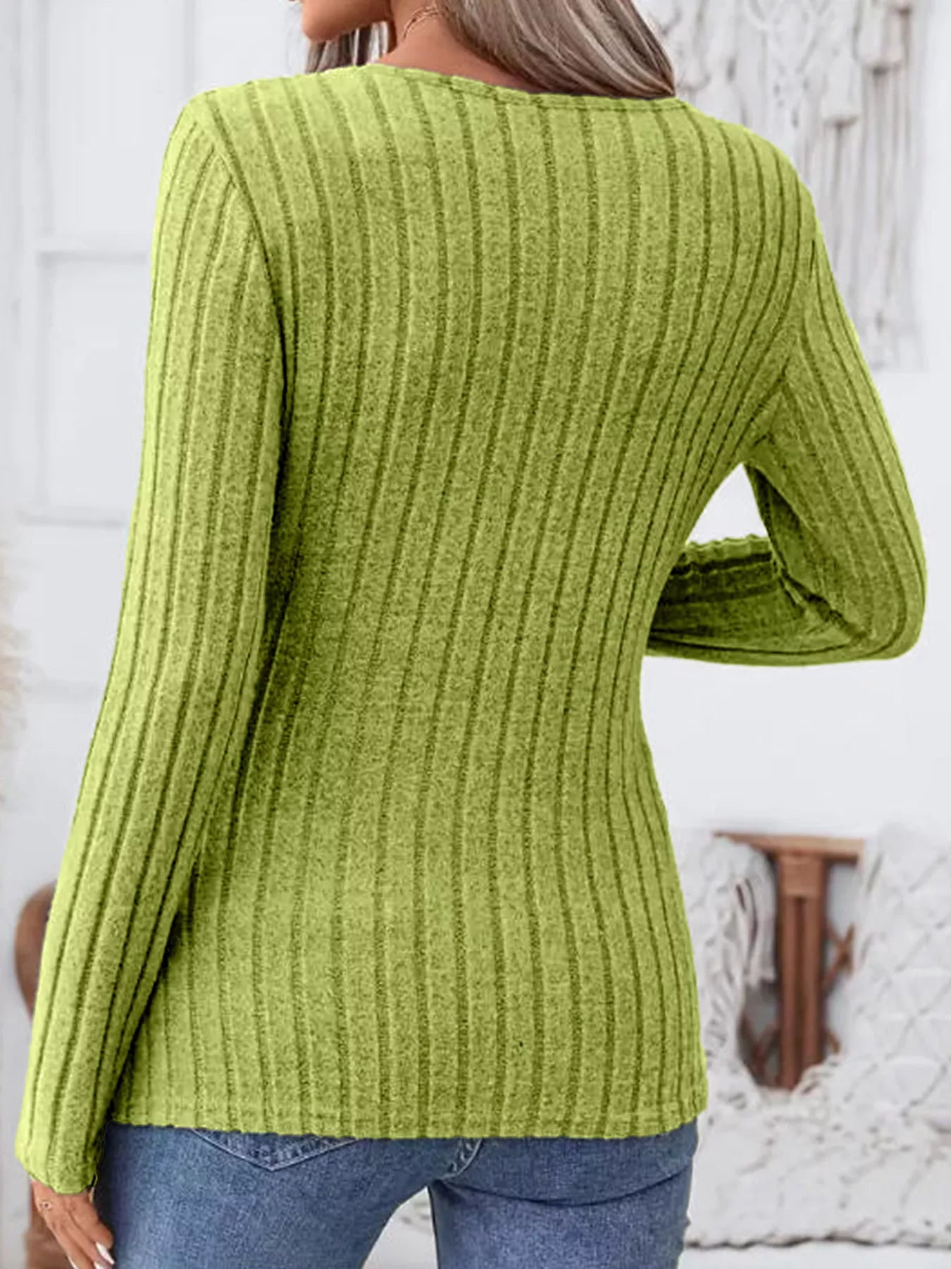Ribbed Knit Notched Long Sleeve Top Simply Love