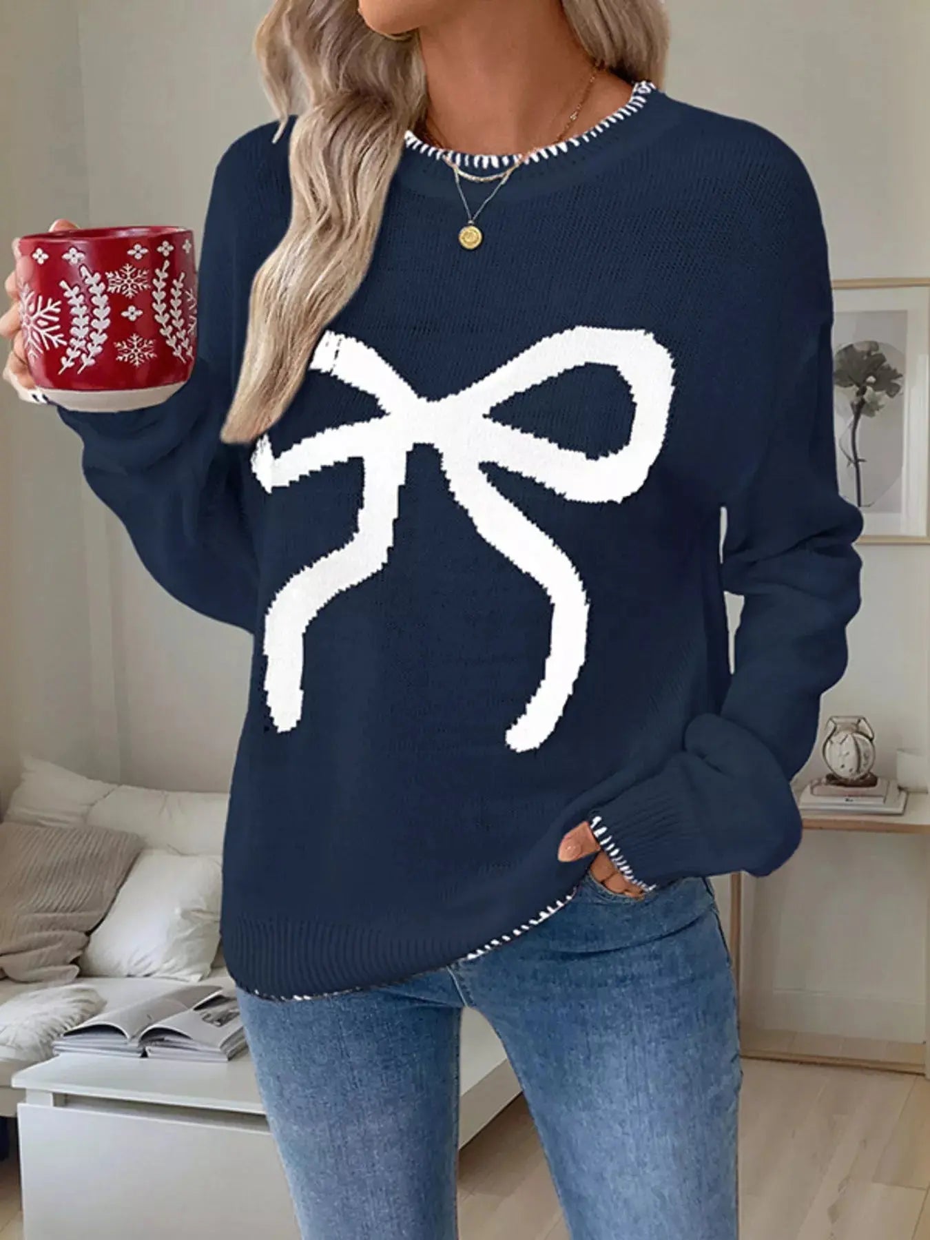 Bow Round Neck Sweater Simply Love