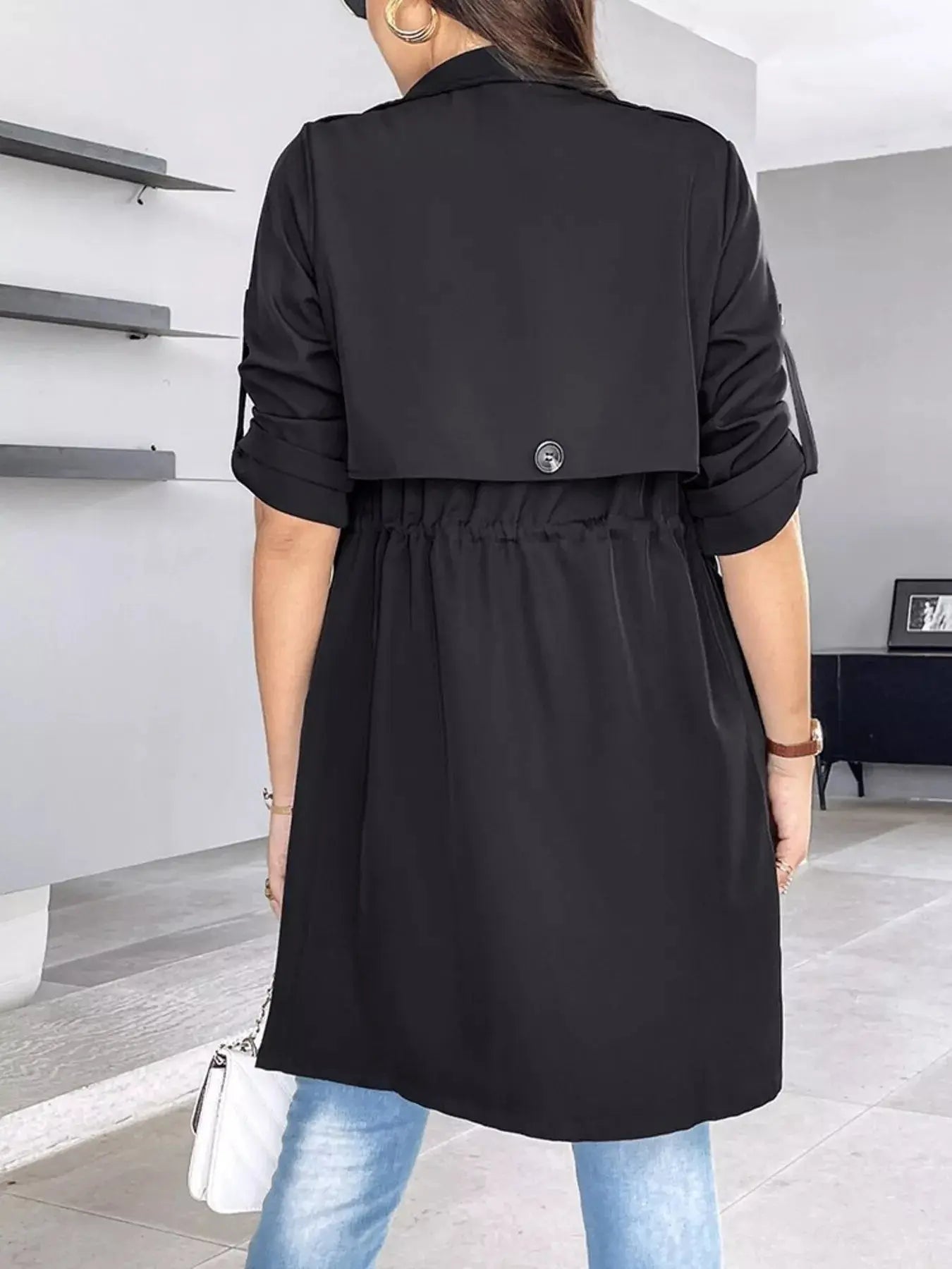 Beige Drape Collar Lightweight Trench Coat With Pockets And Drawstring Simply Love