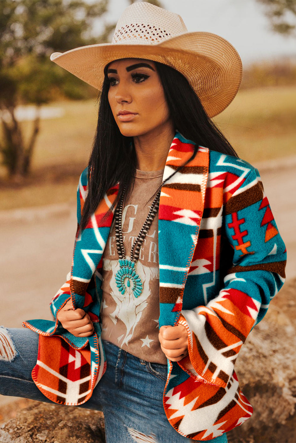 Aztec-inspired sky blue bell sleeve jacket with lapel collar