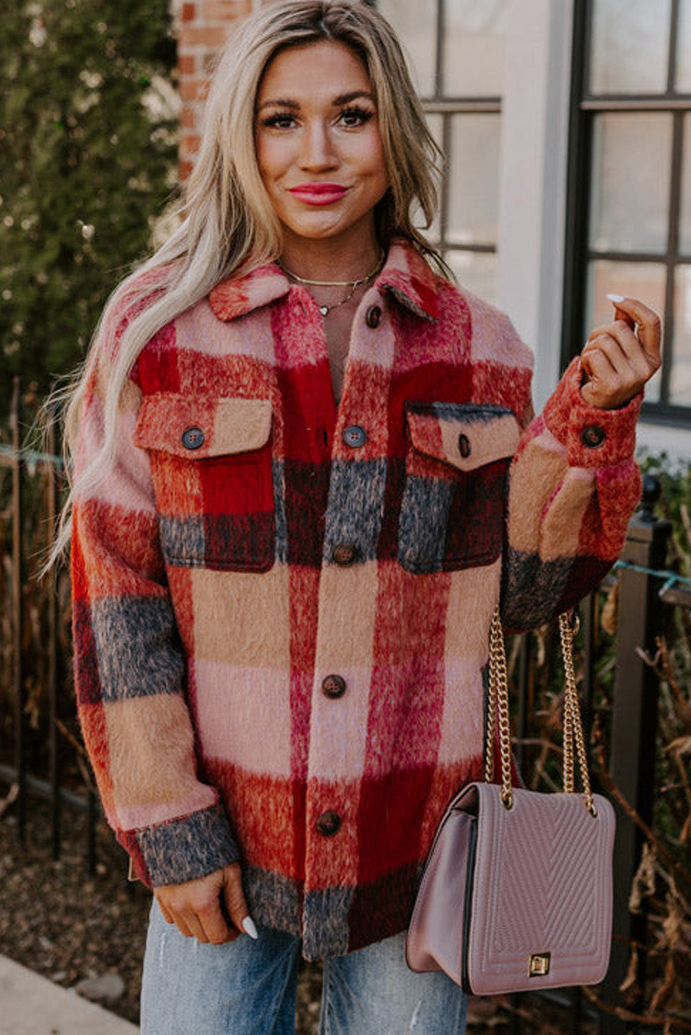 Orange Plaid Flap Pockets Buttoned Casual Plus Size Jacket Dear-Lover Dropshipping