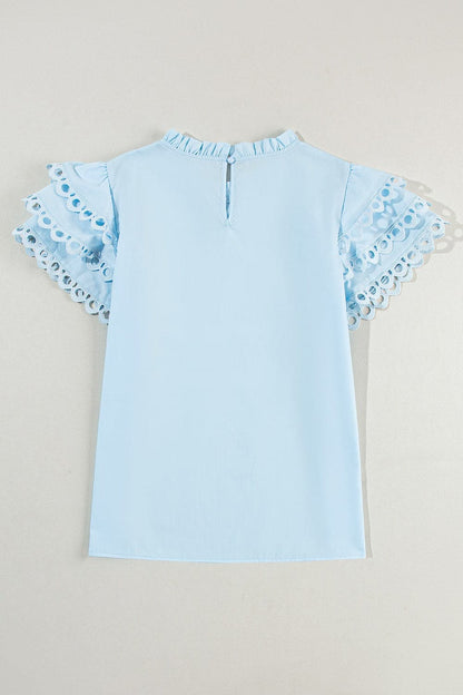 Ruffled Eyelet Round Neck Cap Sleeve Blouse.