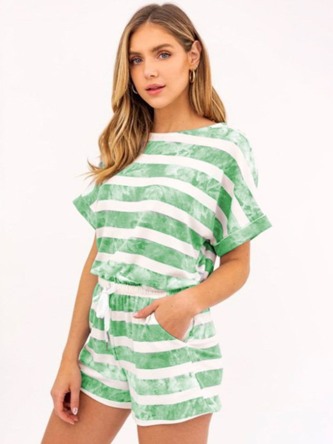 Striped Round Neck Top and Shorts Set.