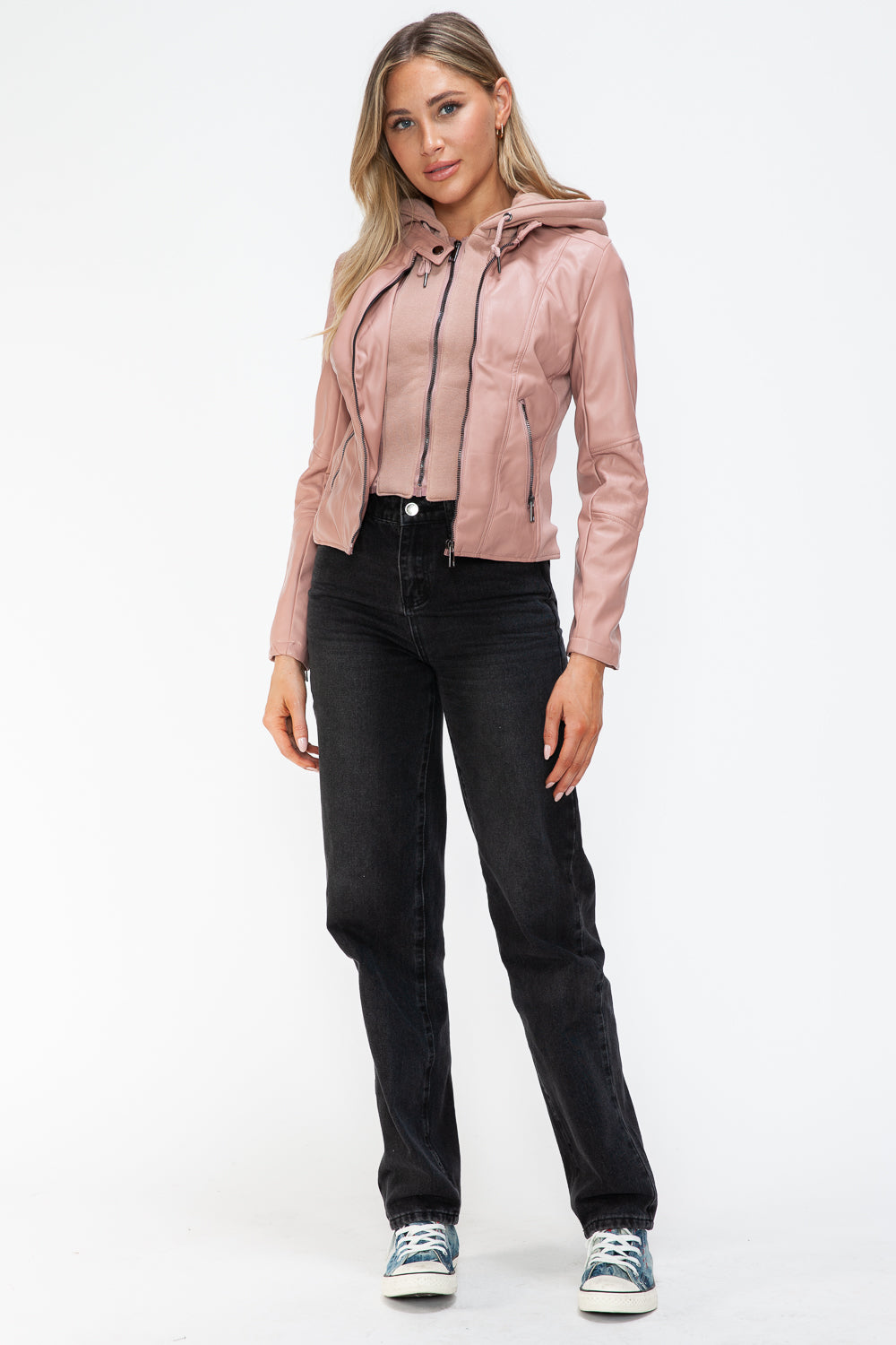 Snobbish Faux Leather Zip Up Drawstring Hooded Jacket Coco’s Tee Boutique