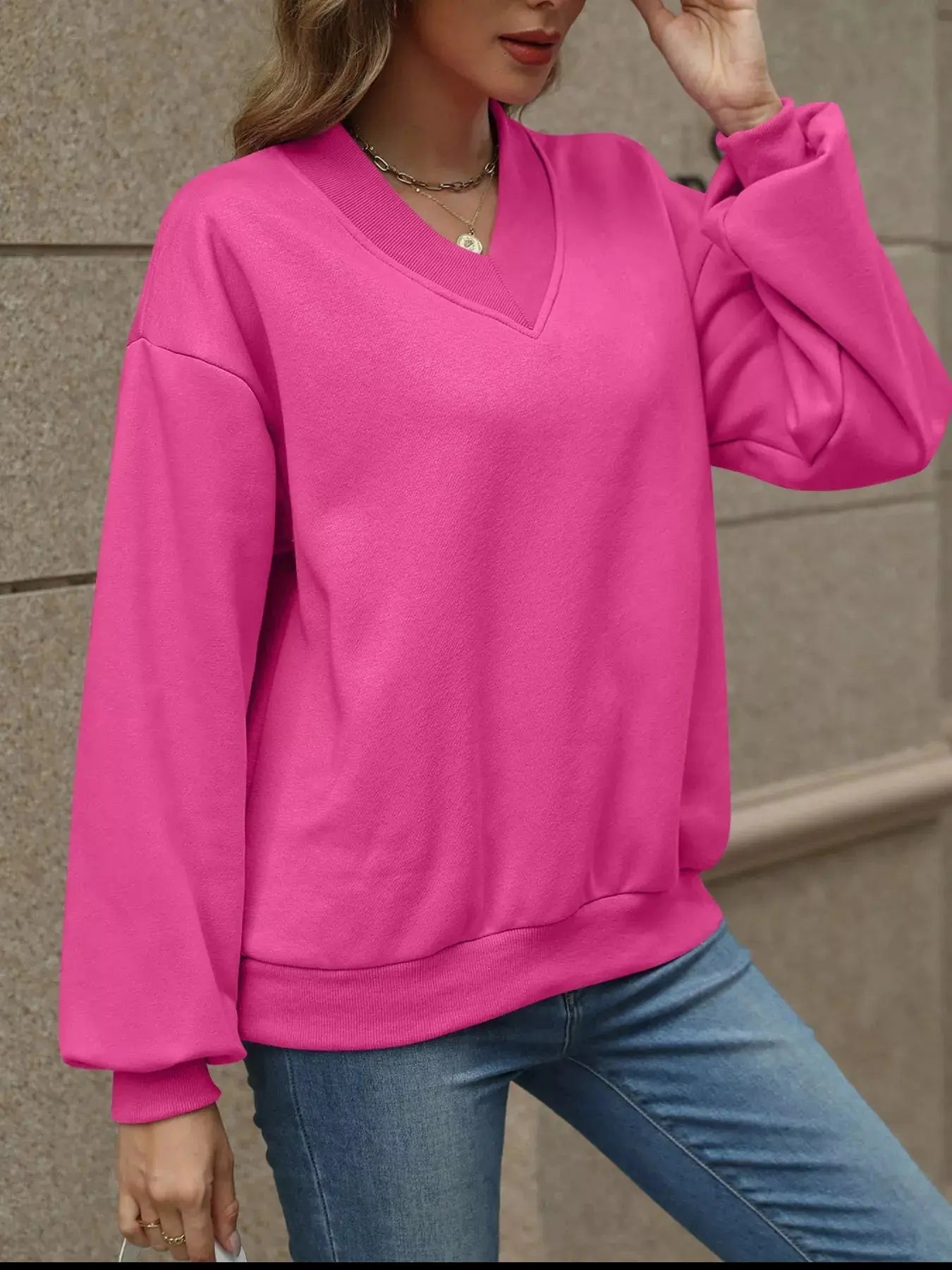 V-Neck Solid Color Casual Sweatshirt Simply Love