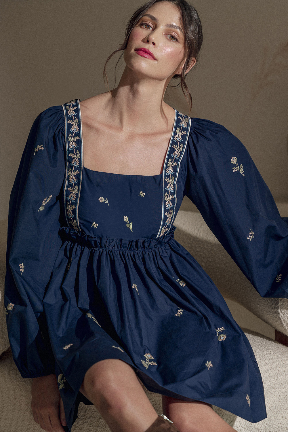 Embroidered Blue Floral Mini Dress with Puff Sleeves and Ruffled Hem