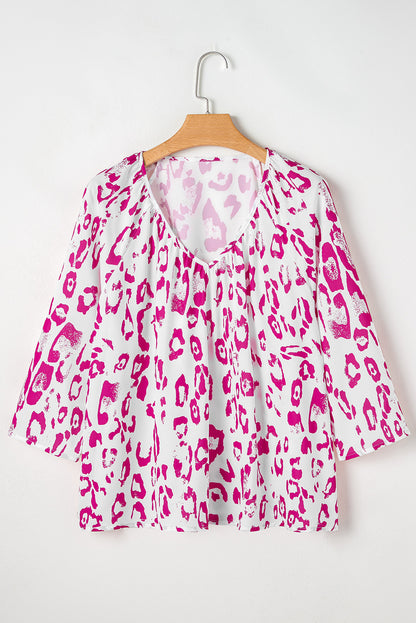 Rose leopard print ruched blouse with V-neck and 3/4 sleeves