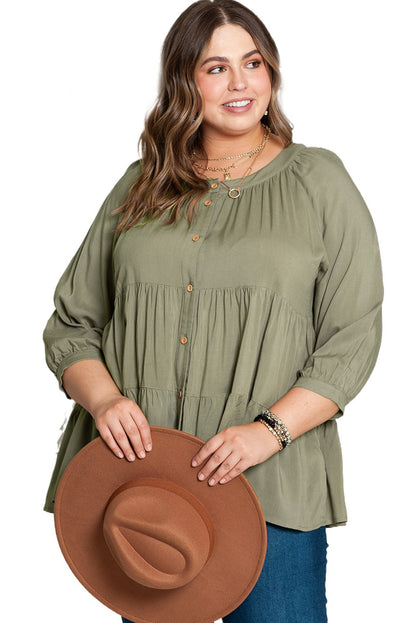 Elegant Green Plus Size Ruffle Tiered Top with Split Neckline