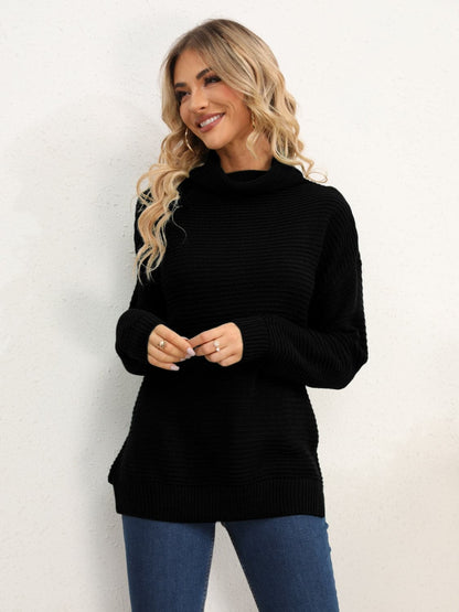 Slit Turtleneck Dropped Shoulder Sweater.