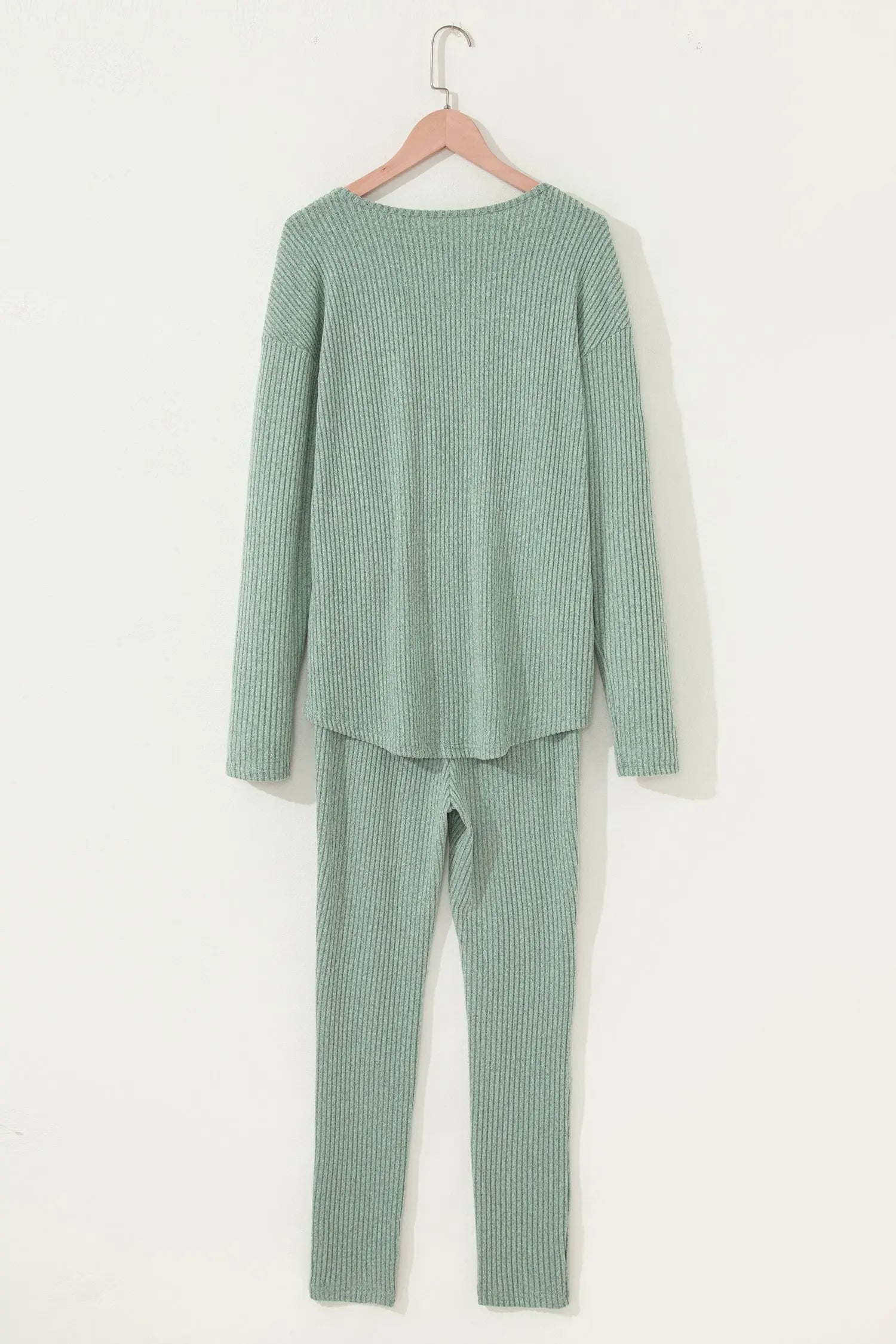 Grass Green Ribbed Notched Neck Knit Long Sleeve Two Piece Lounge Set Leggings Dear-Lover Dropshipping