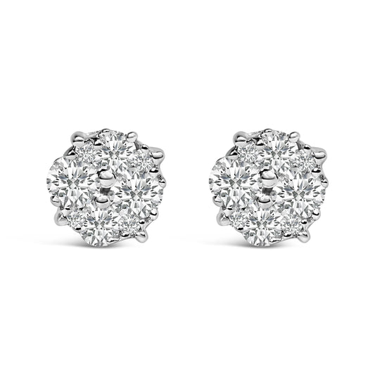 Bids.com .925 Sterling Silver 1/2 cttw prong set round-cut diamond cluster stud earrings, elegant front view.