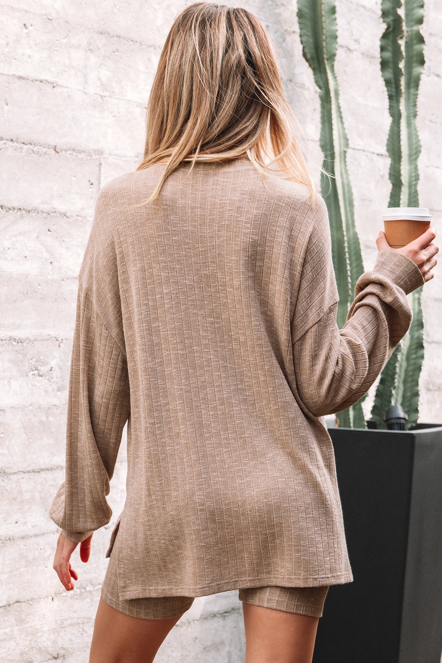 Dark Khaki Ribbed Balloon Sleeve Pullover Top and Biker Knitted Short Set Dear-Lover Dropshipping