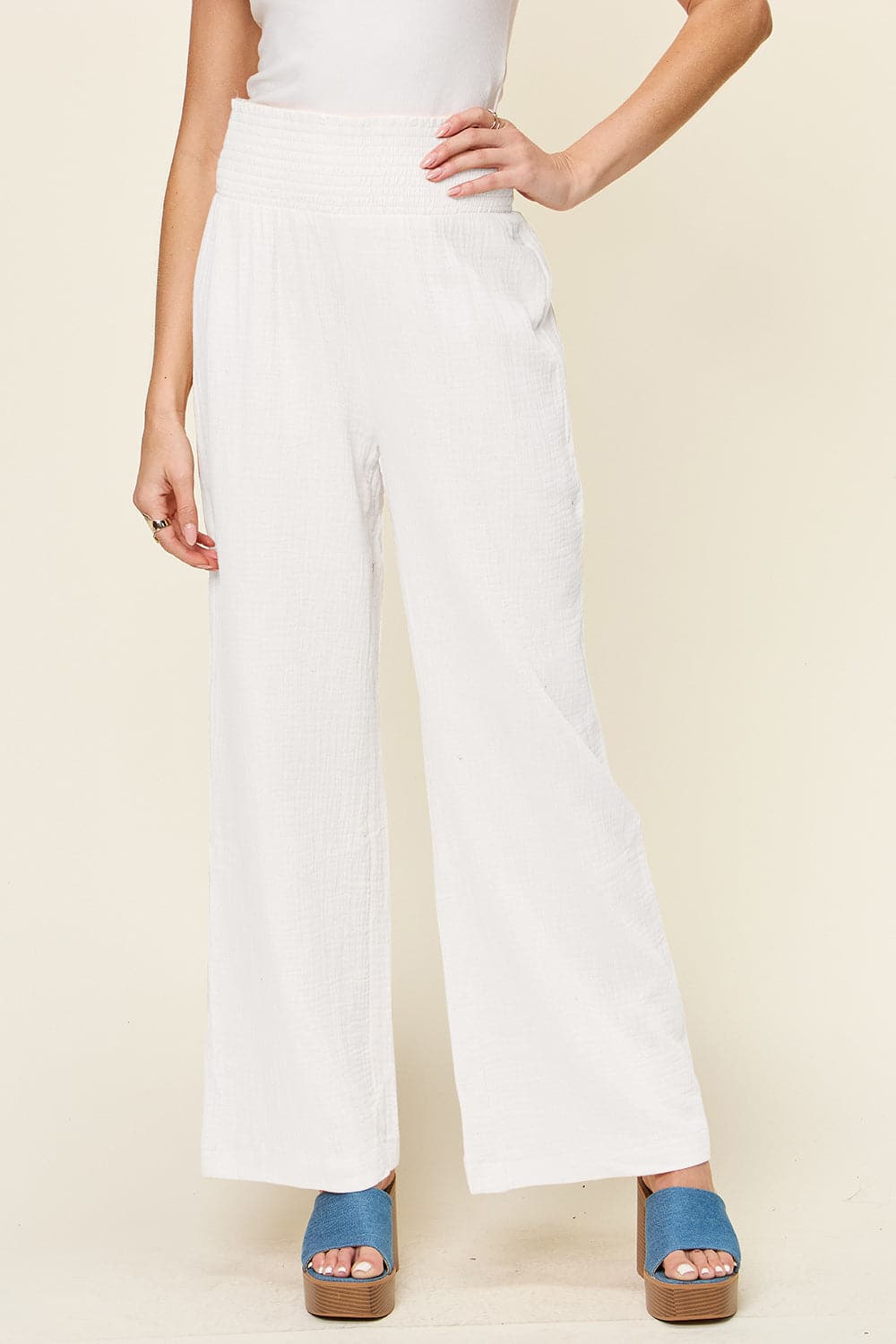 Double Take Full Size Texture Smocked Waist Wide Leg Pants.