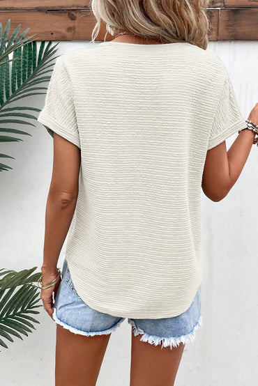 Chic pale khaki textured v-neck t-shirt with wide sleeves