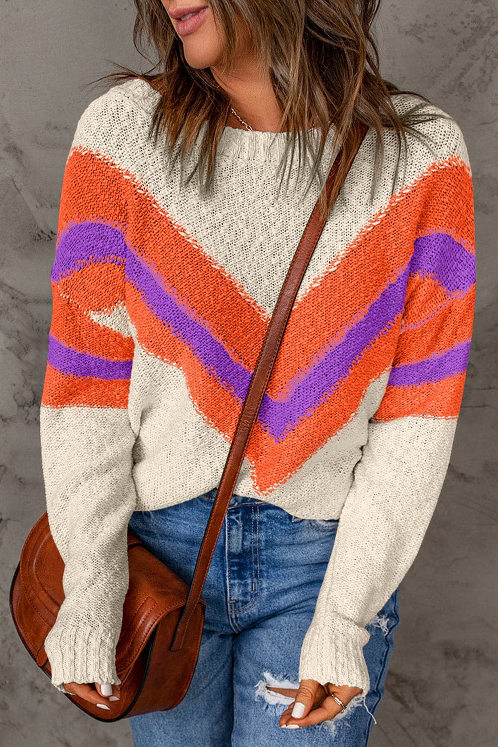 Contrast Round Neck Dropped Shoulder Sweater.