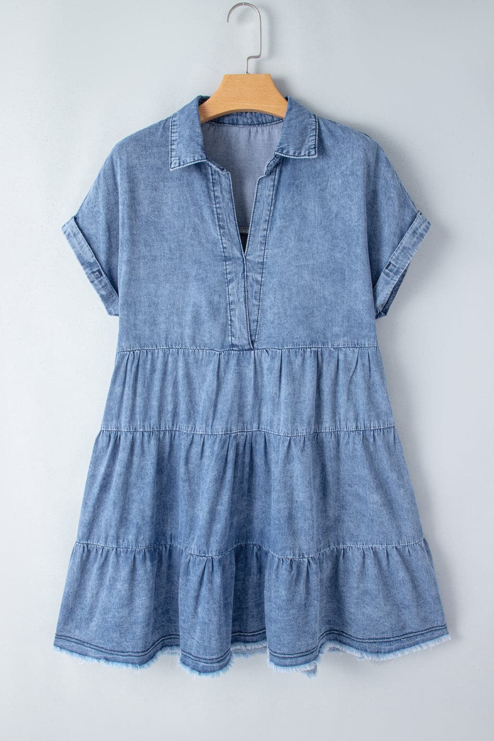 Raw Hem Collared Neck Short Sleeve Denim Dress.