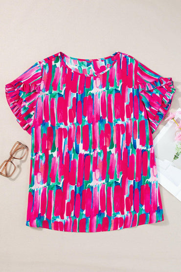 Plus Size Printed Round Neck Petal Sleeve Blouse.