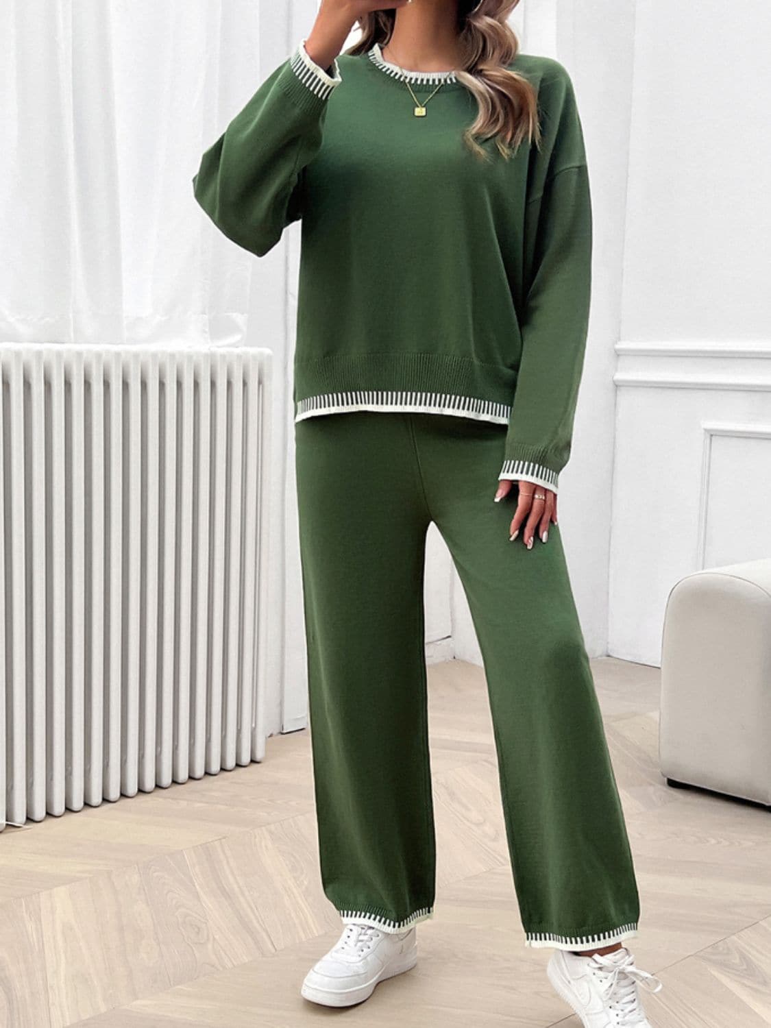 Round Neck Dropped Shoulder Top and Pants Sweater Set.