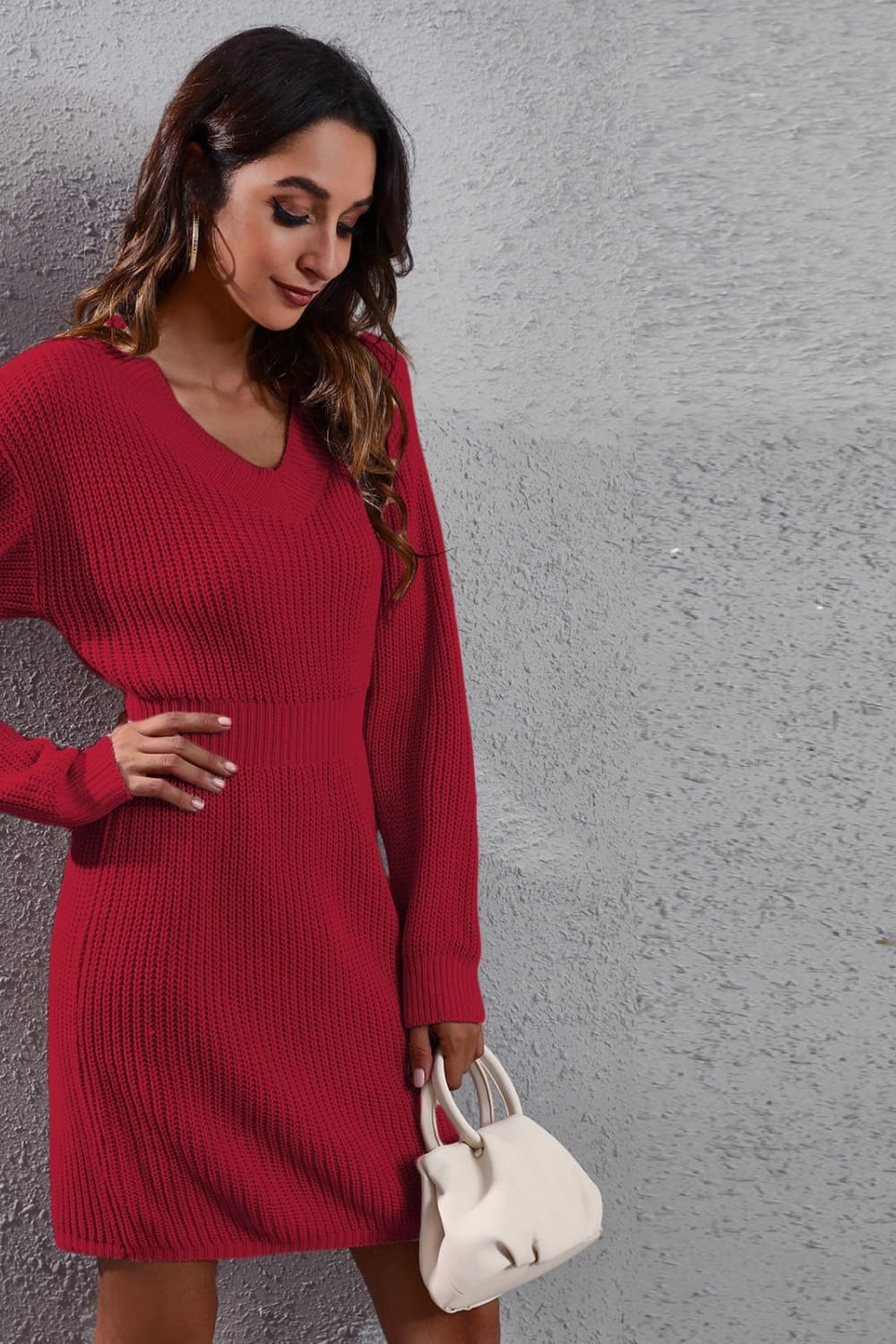 V-Neck Long Sleeve Rib-Knit Sweater Dress.