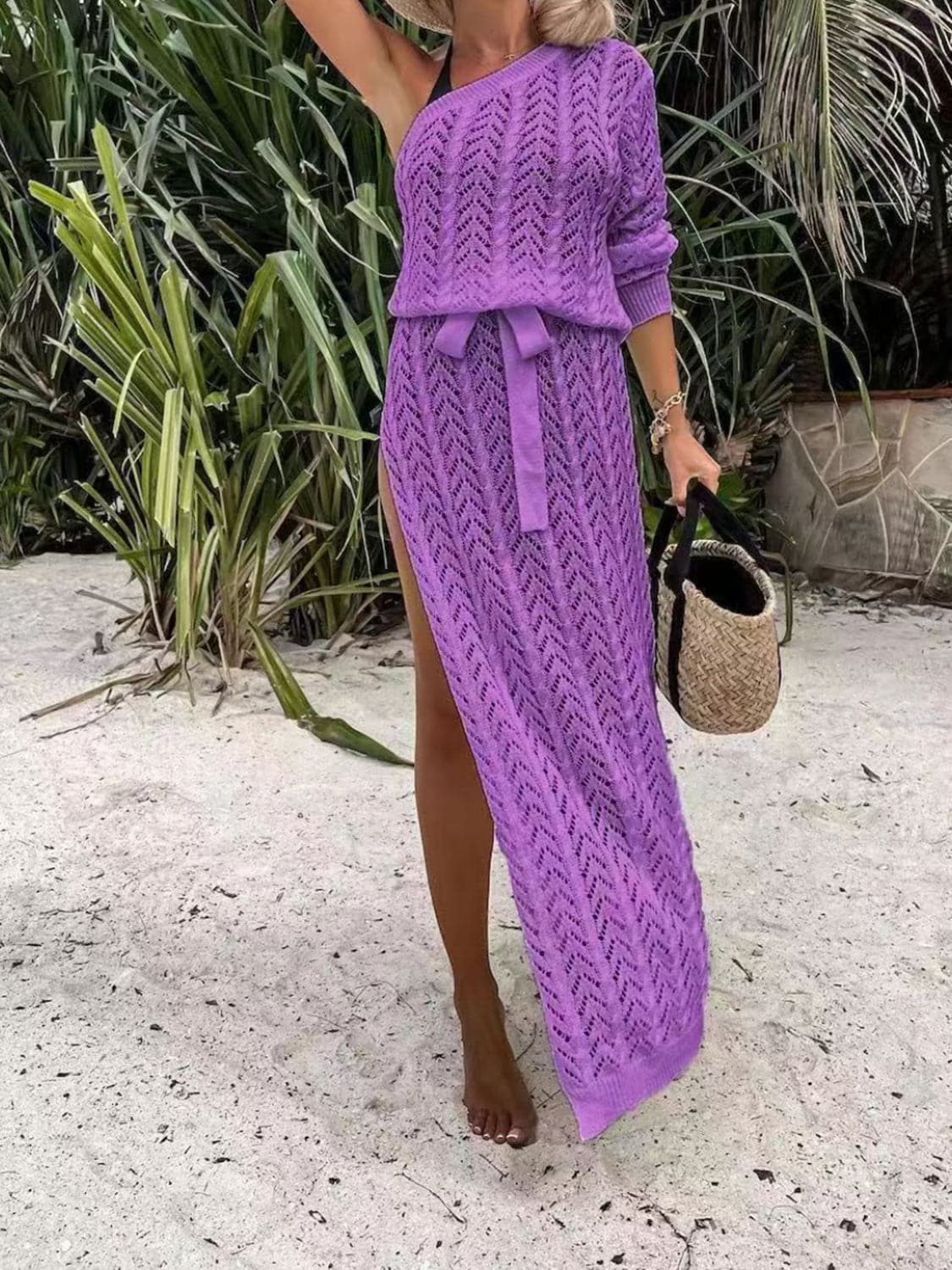 Slit Openwork Single Shoulder Knit Dress.