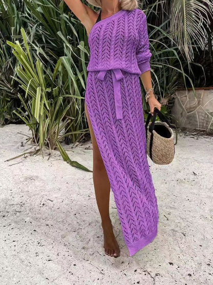 Slit Openwork Single Shoulder Knit Dress.