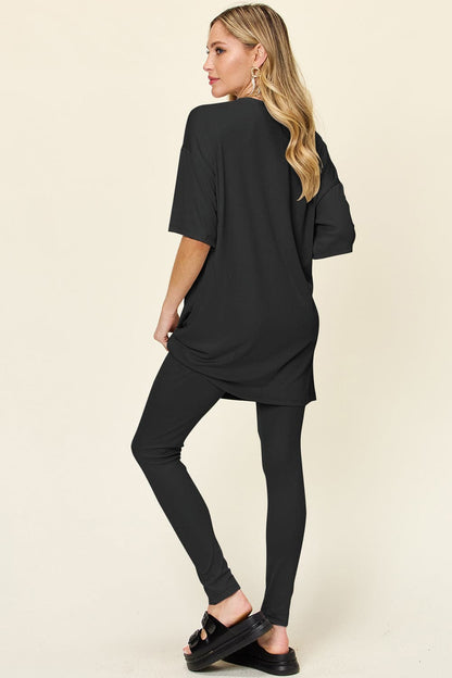 Double Take Full Size Round Neck Dropped Shoulder T-Shirt and Leggings Set.