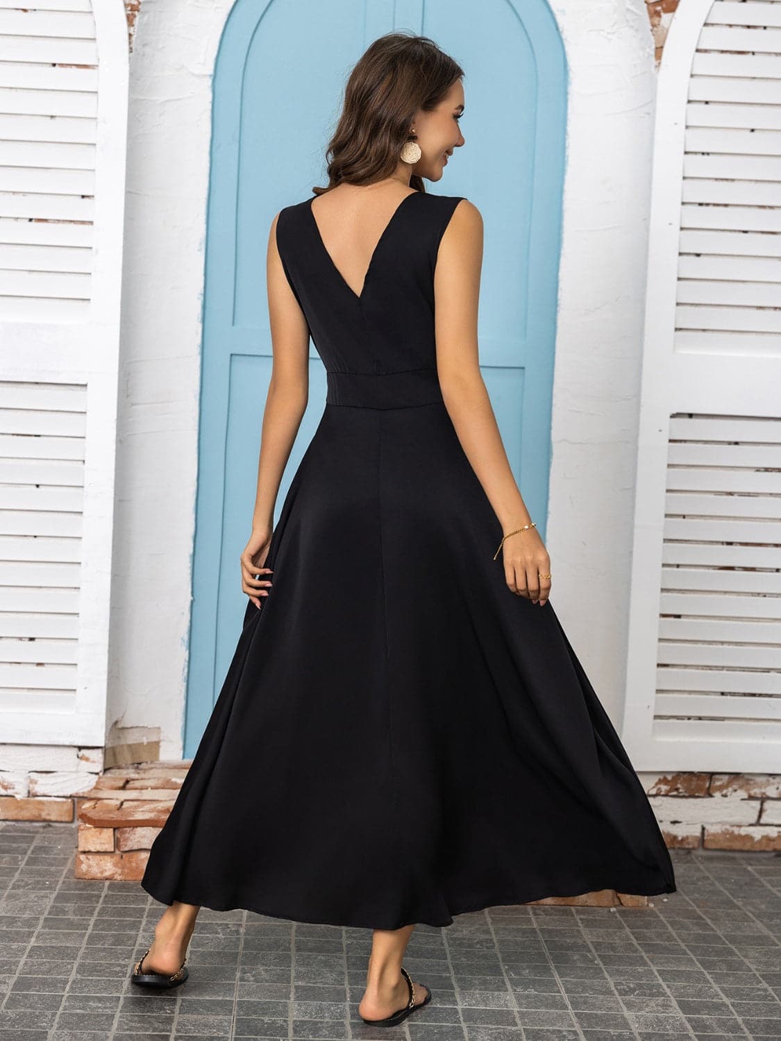 Full Size Slit V-Neck Sleeveless Midi Dress.