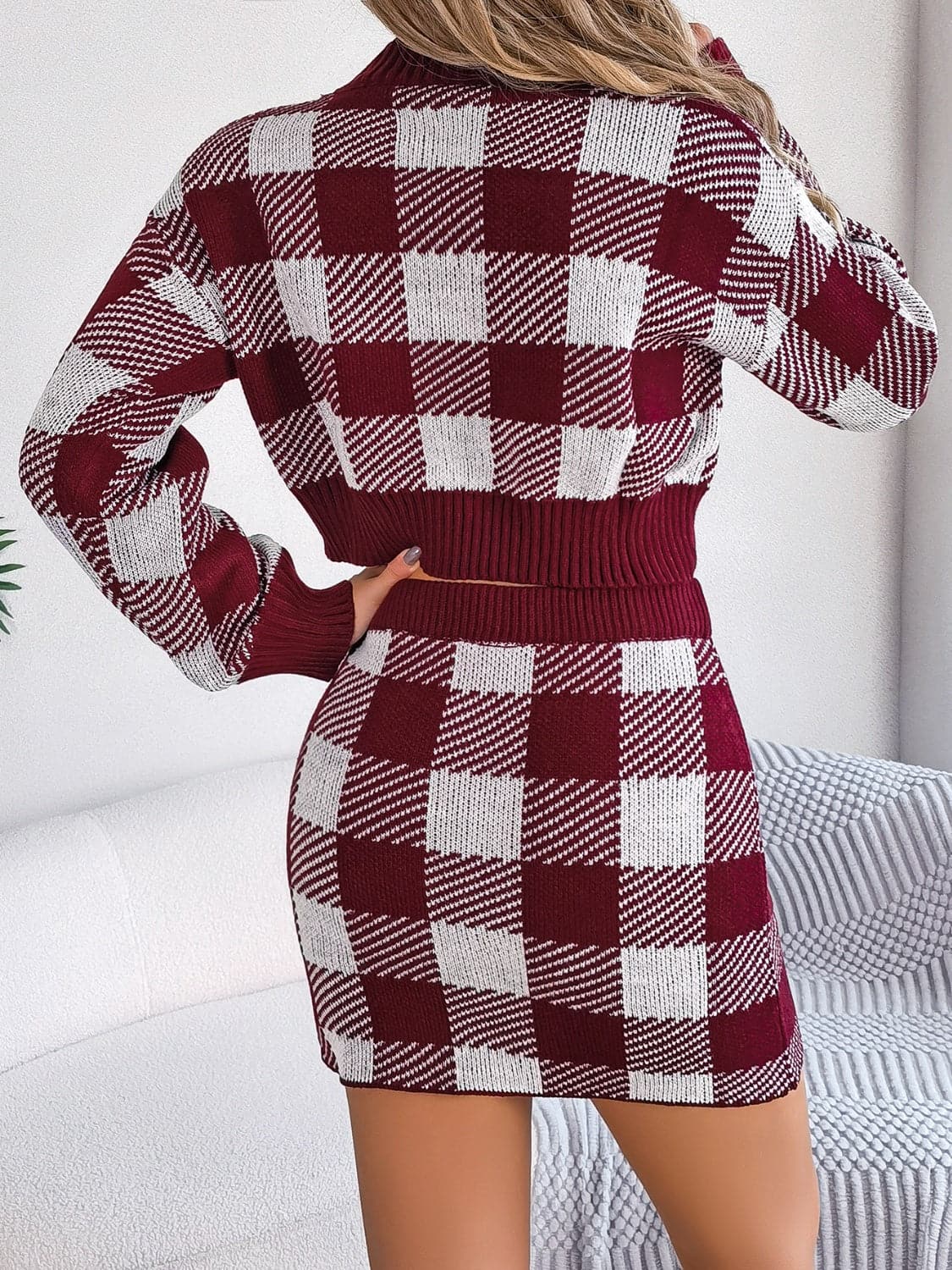 Plaid Round Neck Top and Skirt Sweater Set.