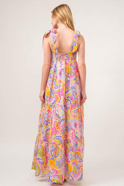 And The Why Full Size Printed Tie Shoulder Tiered Maxi Dress.