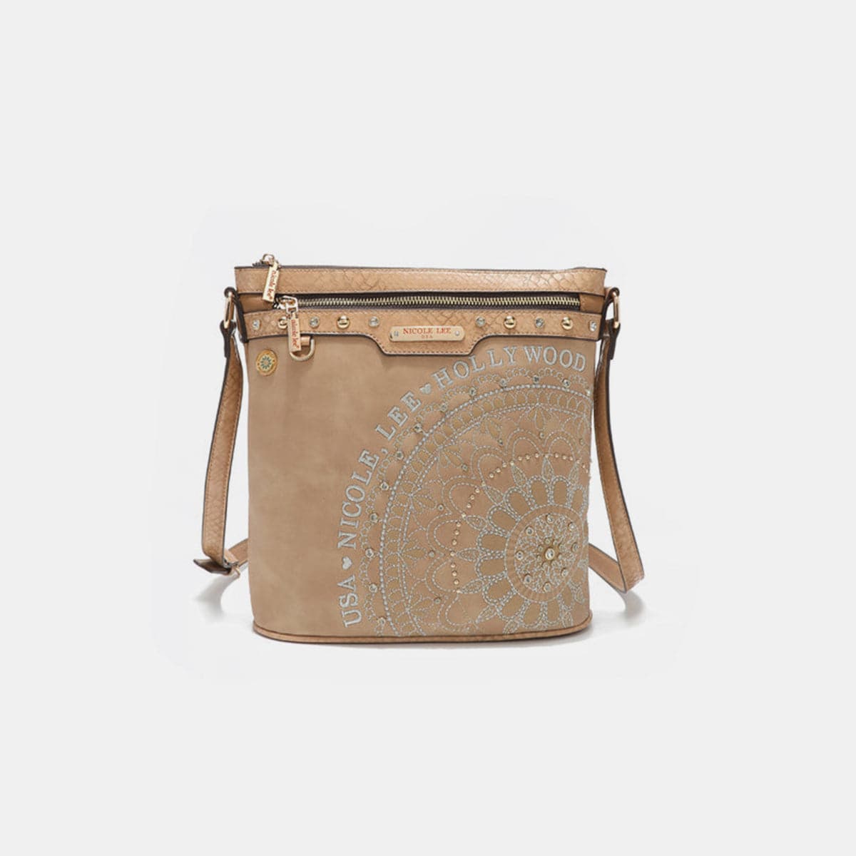 Nicole Lee USA Metallic Stitching Embroidery Inlaid Rhinestone Crossbody Bag.