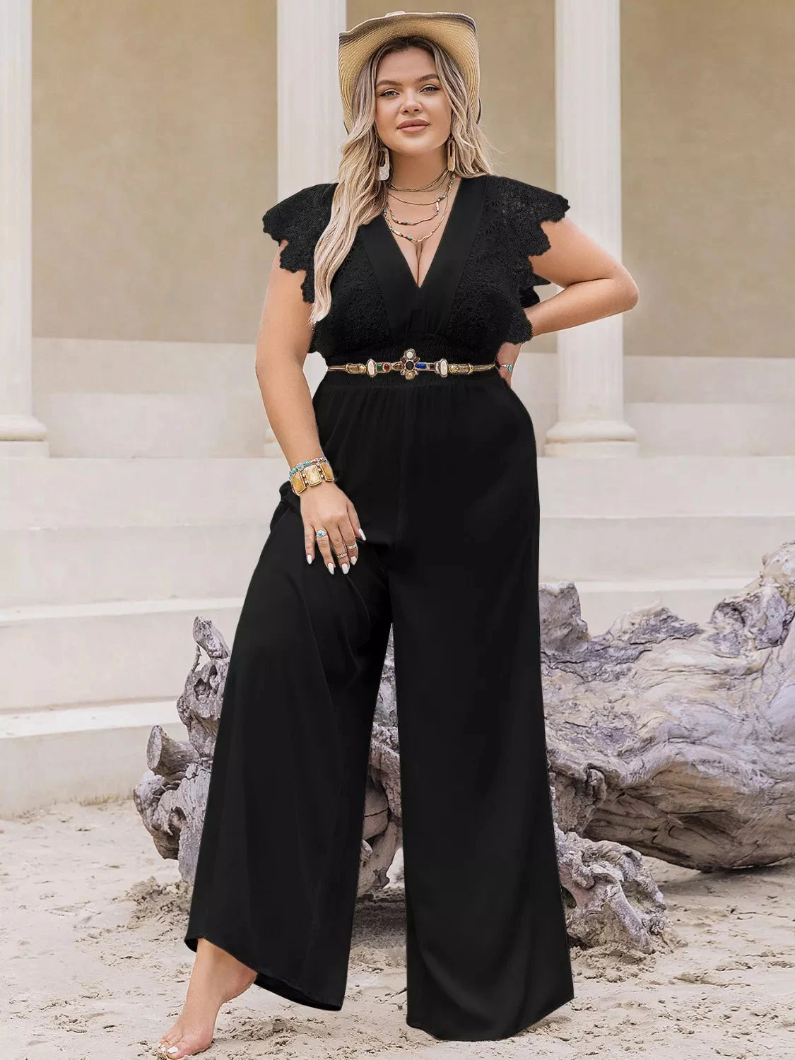 Plus Size Lace Cap Sleeve Wide Leg Jumpsuit Coco’s Tee Boutique