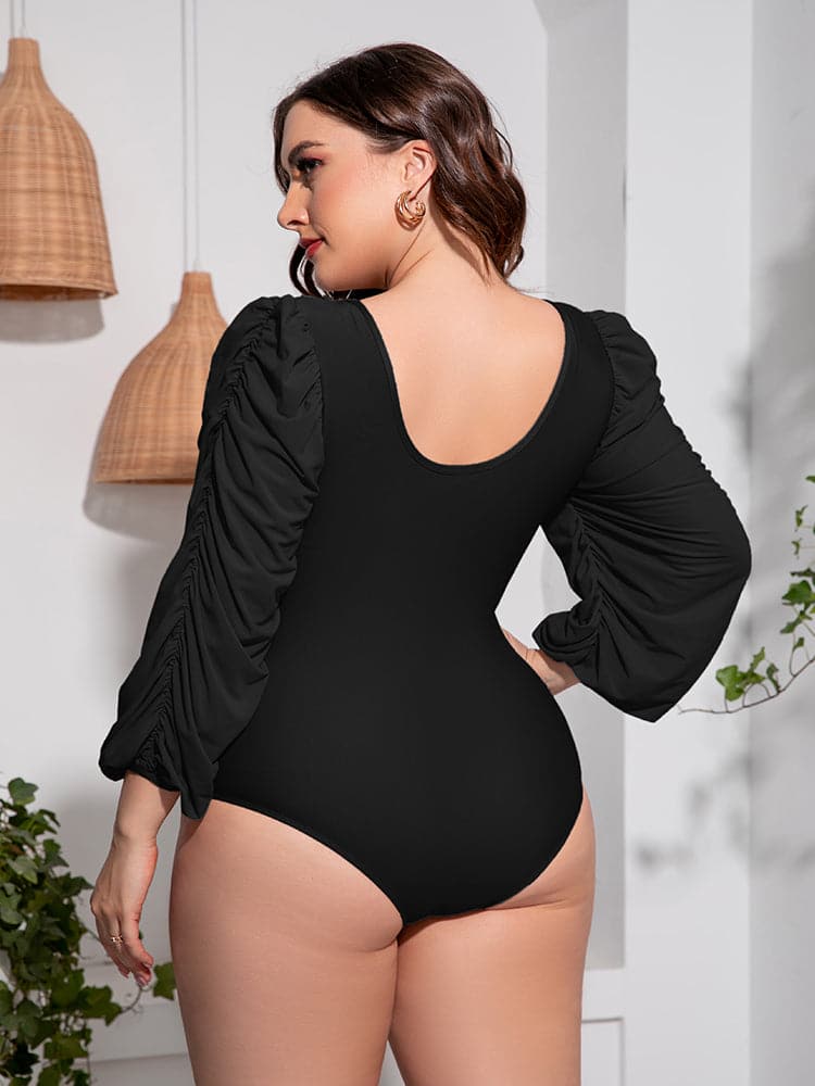 Plus Size Tied Deep V Balloon Sleeve One-Piece Swimsuit.