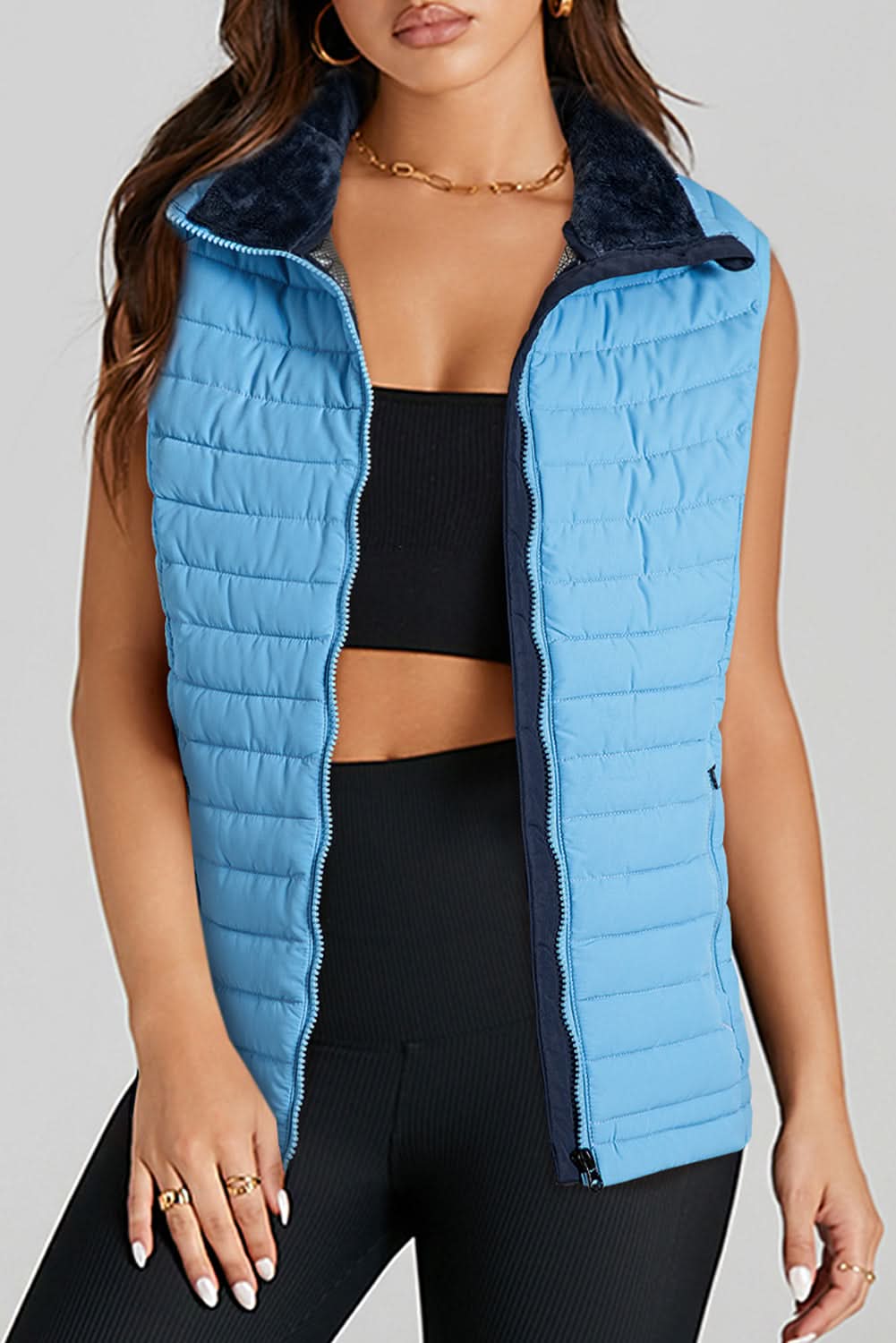 Sky Blue Plush Collared Quilted Zipped Puffer Vest - Love Salve 