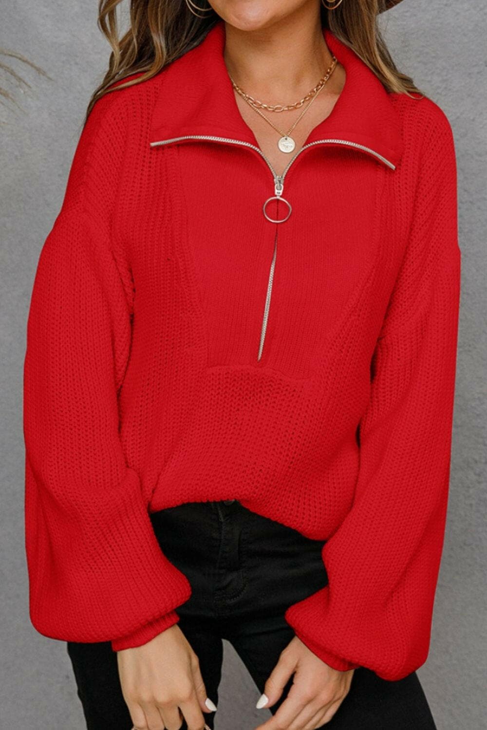 Half Zip Dropped Shoulder Sweater.